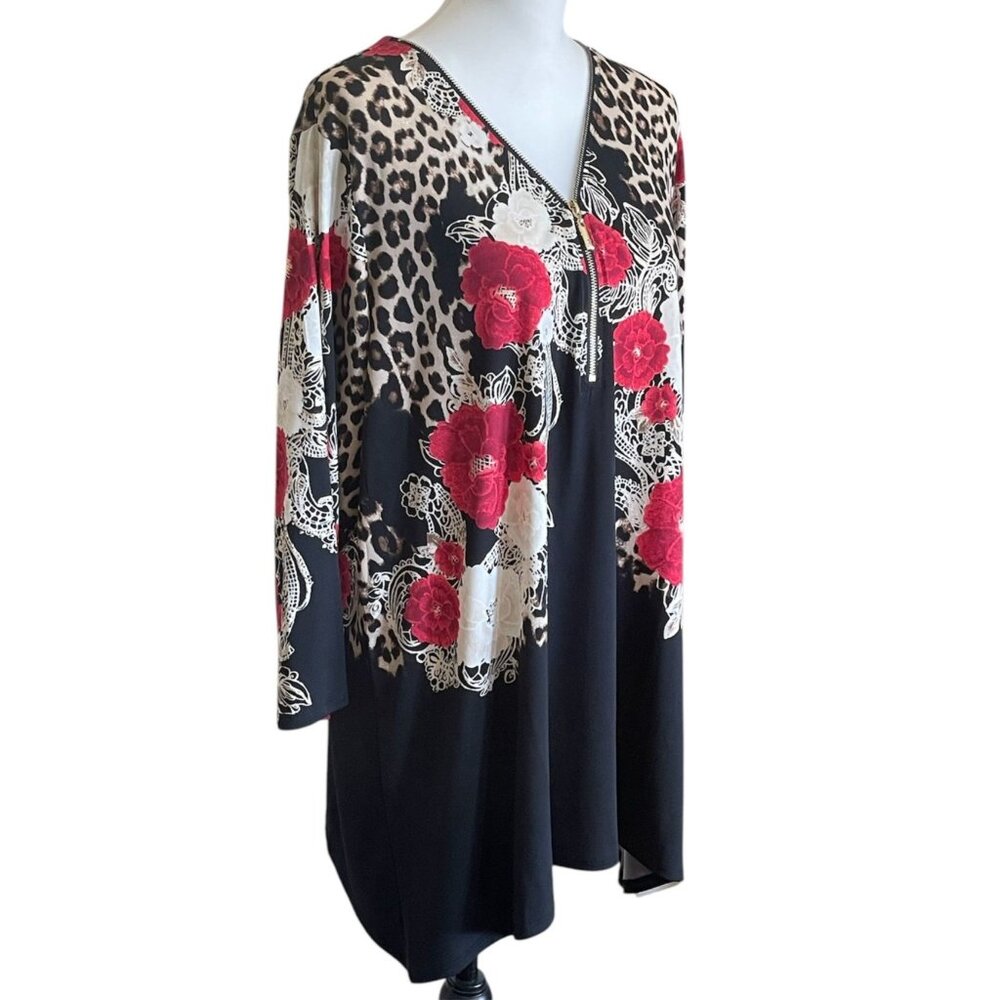 JM Collection Woman PLUS 2X Leopard Flowers Flowy Tunic Blouse Top Blouse Mature